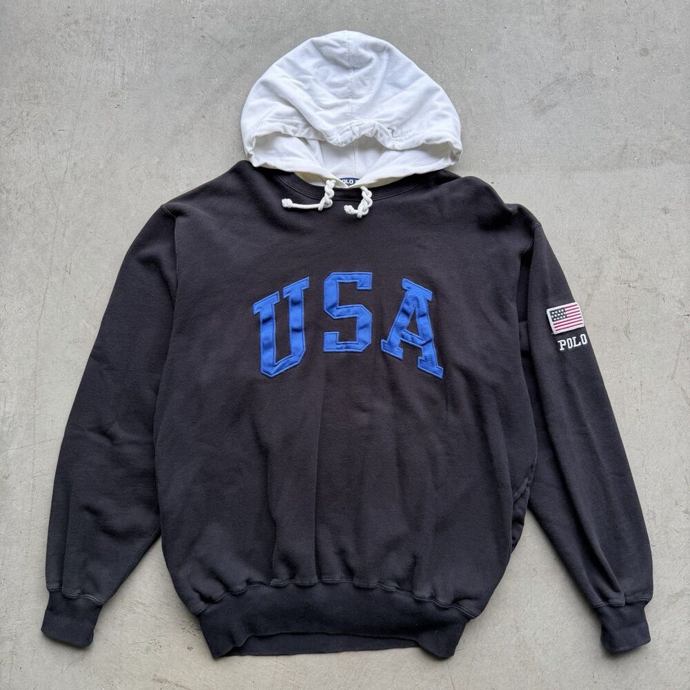 VTG Ralph Lauren Polo Sport Mens L Hoodie Sweatshirt USA Flag 90s Rare Stadium